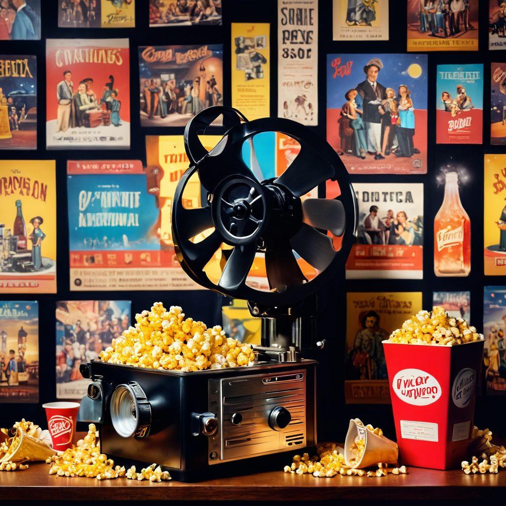 A captivating scene featuring a vintage film projector casting colorful, joyful images on a wall, surrounded by popcorn, sparkling soda bottles, and smiling adults of various backgrounds enjoying a lively movie night. The lighting is warm and inviting, with a focus on the expressions of happiness and laughter from the characters. The walls are decorated with classic film posters that invoke nostalgia. vibrant colors. cozy atmosphere. cinematic style.