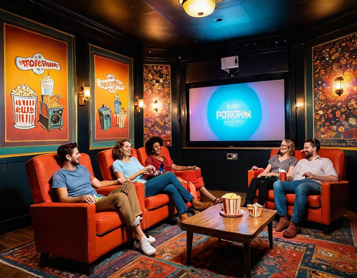 A whimsical cinema setting featuring a vintage film projector casting colorful, fun animations on a big screen. Happy adults of diverse backgrounds are laughing and enjoying popcorn in cozy seats. Bright, playful posters of the top 10 feel-good adult films line the walls, radiating positivity. The atmosphere is vibrant with warm lighting and cheerful decorations. retro-style. vibrant colors. cinematic atmosphere.