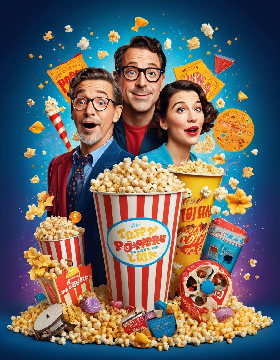 A whimsical collage of iconic comedy movie characters intertwined with playful adult-themed elements, featuring vibrant colors and exaggerated expressions. Include elements such as popcorn, film reels, and playful adult props scattered around to create a lively atmosphere. The background should be a colorful cinema setting with twinkling lights. Conceptual and playful style. vibrant colors. 3D.